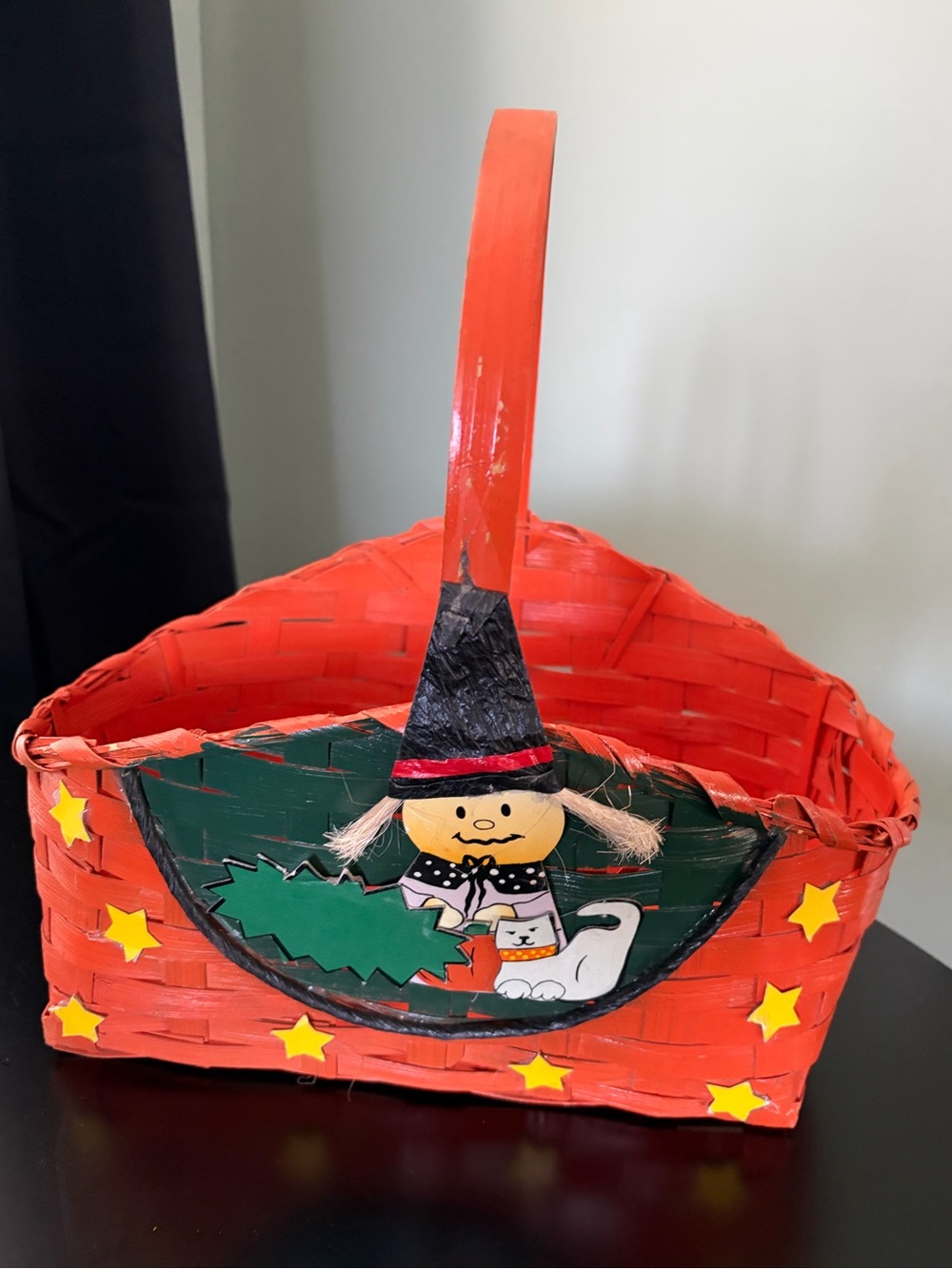 Vintage Halloween Orange Woven Wicker Basket Witch Cat Stars Fall Seasonal Decor